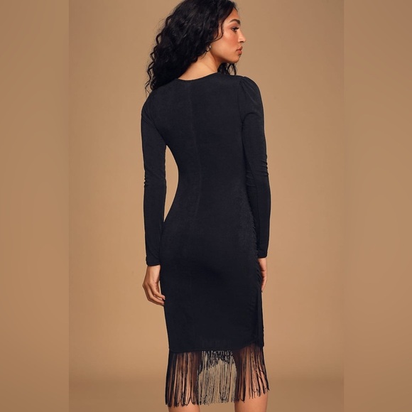 NWT Lulus Out For the Evening Black Fringe Long Sleeve Bodycon Dress size Small - Picture 2 of 13